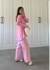 Buruş Kumaş Pile Detaylı Pembe Gömlek Takım