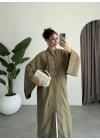 Çin Düğmeli Tensel Maxi Boy Haki Kimono