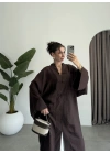 Çin Düğmeli Tensel Maxi Boy Kahve Kimono