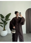 Çin Düğmeli Tensel Maxi Boy Kahve Kimono