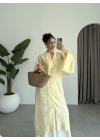 Çin Düğmeli Tensel Maxi Boy Sarı Kimono