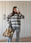 Çizgili Oversize Gri Yün Kazak
