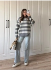 Çizgili Oversize Gri Yün Kazak