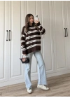 Çizgili Oversize Kahve Yün Kazak