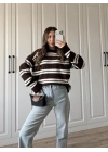 Çizgili Oversize Kahve Yün Kazak