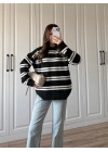 Çizgili Oversize Siyah Yün Kazak