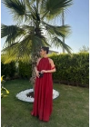 Dantel Yaka Kırmızı Uzun Elbise