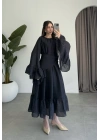 Diva Şallı Büzgülü Lacivert Elbise
