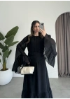 Diva Şallı Büzgülü Siyah Elbise