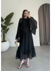 Diva Şallı Büzgülü Siyah Elbise