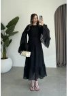 Diva Şallı Büzgülü Siyah Elbise