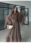 Diva Şallı Büzgülü Kahve Elbise