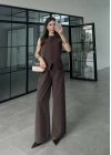 Düğmeli Fit Kahve Keten Takım