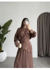 Floş Saten Bağlamalı Kahve Etek Takım
