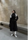 Fularlı Oversize Premium Siyah  Trençkot