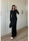 Geniş Yaka Siyah Fitilli Basic Uzun Elbise