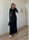Geniş Yaka Siyah Fitilli Basic Uzun Elbise