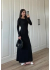 Geniş Yaka Siyah Fitilli Basic Uzun Elbise