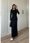 Geniş Yaka Siyah Fitilli Basic Uzun Elbise