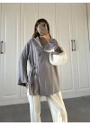 Gri Yandan Bağlamalı Tensel Kimono Ceket