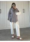 Gri Yandan Bağlamalı Tensel Kimono Ceket