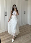 Holla Astarlı Kırışık Beyaz Tül Etek