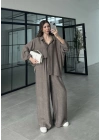 İthal Kumaş Desenli Oversize Duman Gömlek Takım