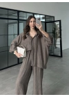 İthal Kumaş Desenli Oversize Duman Gömlek Takım