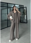 İthal Kumaş Desenli Oversize Duman Gömlek Takım