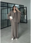 İthal Kumaş Desenli Oversize Duman Gömlek Takım
