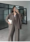 İthal Kumaş Desenli Oversize Duman Gömlek Takım