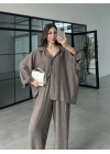 İthal Kumaş Desenli Oversize Duman Gömlek Takım