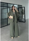 İthal Kumaş Desenli Oversize Haki Gömlek Takım