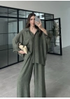 İthal Kumaş Desenli Oversize Haki Gömlek Takım