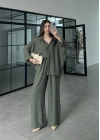 İthal Kumaş Desenli Oversize Haki Gömlek Takım