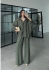 İthal Kumaş Desenli Oversize Haki Gömlek Takım