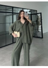 İthal Kumaş Desenli Oversize Haki Gömlek Takım