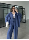 İthal Kumaş Desenli Oversize Saks Mavi Gömlek Takım