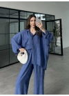 İthal Kumaş Desenli Oversize Saks Mavi Gömlek Takım