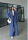İthal Kumaş Desenli Oversize Saks Mavi Gömlek Takım