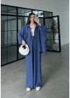 İthal Kumaş Desenli Oversize Saks Mavi Gömlek Takım