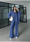 İthal Kumaş Desenli Oversize Saks Mavi Gömlek Takım