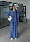 İthal Kumaş Desenli Oversize Saks Mavi Gömlek Takım