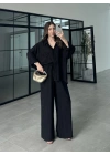 İthal Kumaş Desenli Oversize Siyah Gömlek Takım