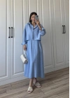 İthal Kumaş Premium Askılı Mavi Gömlek Elbise