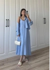 İthal Kumaş Premium Askılı Mavi Gömlek Elbise