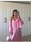 İthal Kumaş Premium Askılı Pembe Gömlek Elbise
