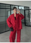 Jakarlı Kırmızı Kimono Takım
