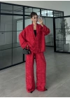 Jakarlı Kırmızı Kimono Takım