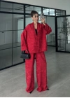Jakarlı Kırmızı Kimono Takım